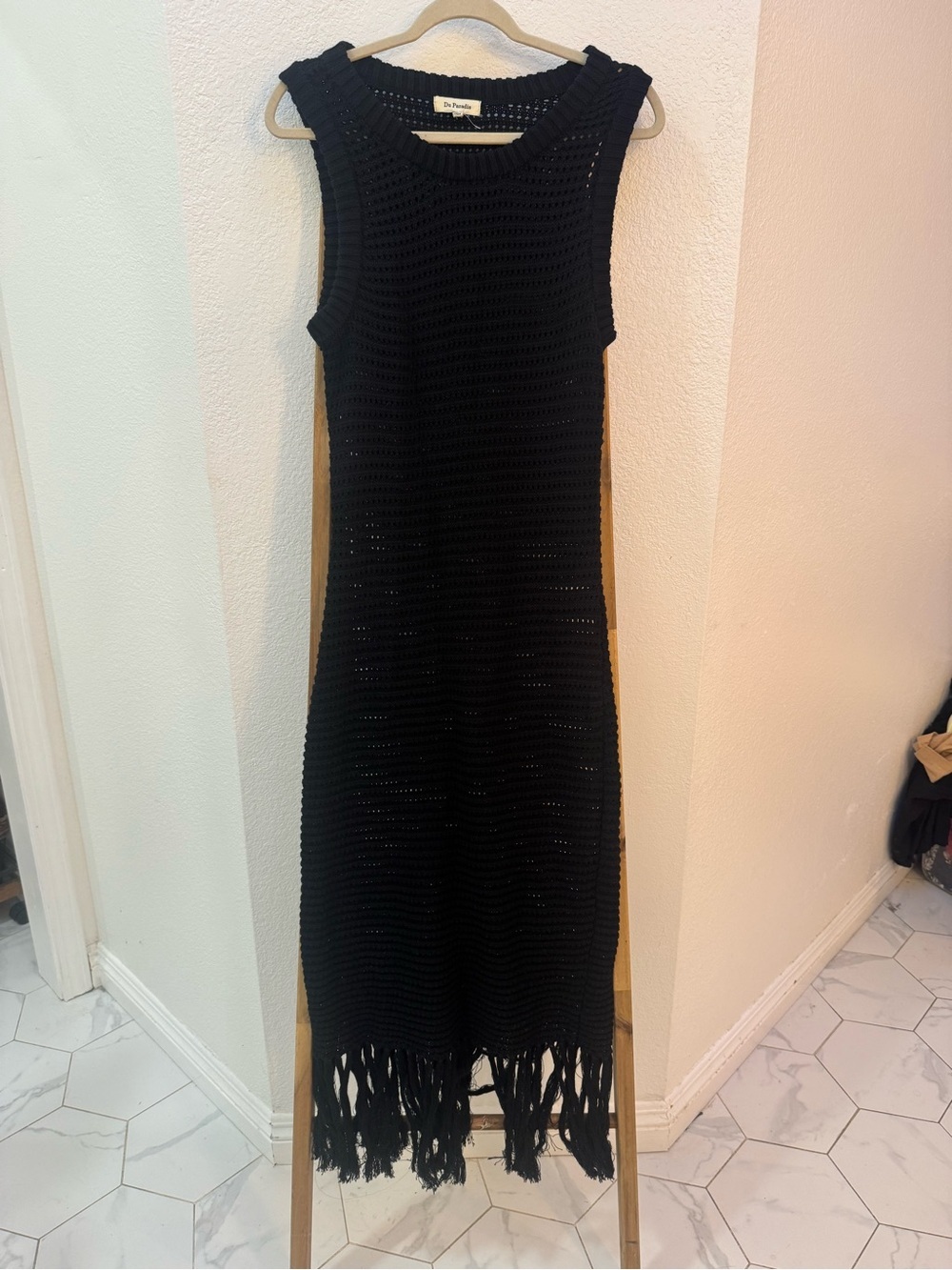 Du Paradis Anthropologie Black Crochet Sleeveless Fringe Maxi Cover-Up